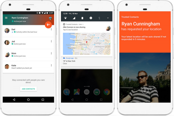Trusted Contacts list, a notification that a contact is sharing location, and an incoming location request