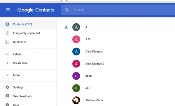 Google Contacts web app showing the contact list and the More menu in the sidebar