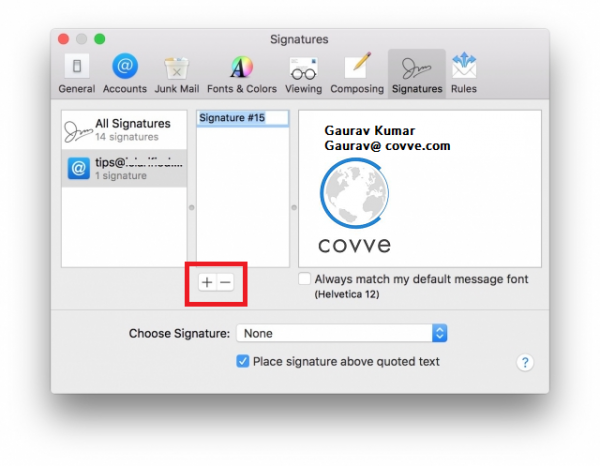 Mac Mail Signatures tab with a logo dragged into the new signature
