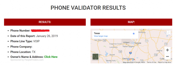 Phone Validator results listing the phone line type (VOIP) and location, next to a map