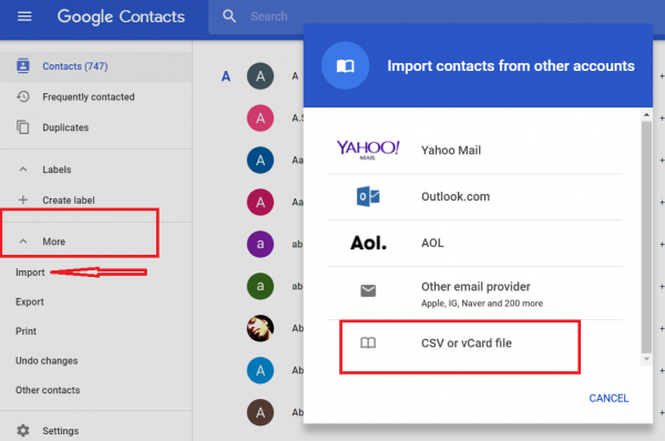 Google Contacts with More expanded and Import highlighted, and the CSV or vCard file option