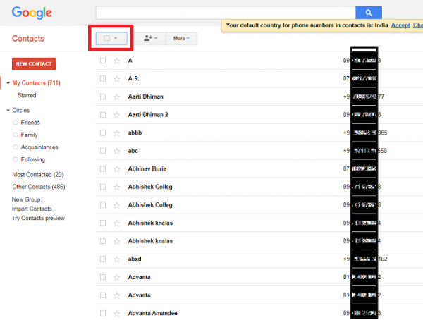 Old Google Contacts list with the select-all checkbox highlighted