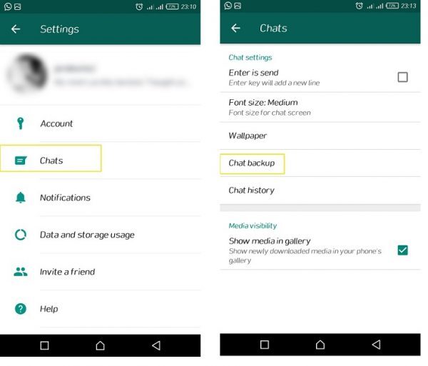 WhatsApp Settings on Android with Chats highlighted, then Chats settings with Chat backup highlighted