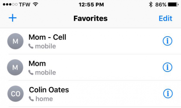 iPhone Favorites list scrolled to the top, ready to pull down to refresh