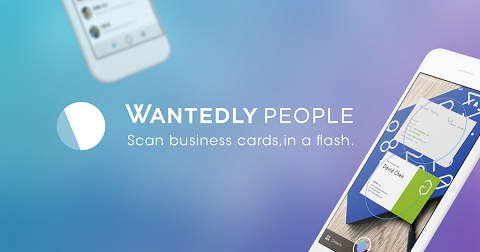 Wantedly People banner with the line Scan business cards, in a flash, and a phone scanning a card