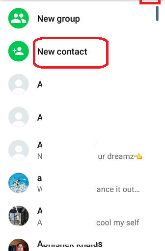 WhatsApp contact picker on Android with New contact highlighted