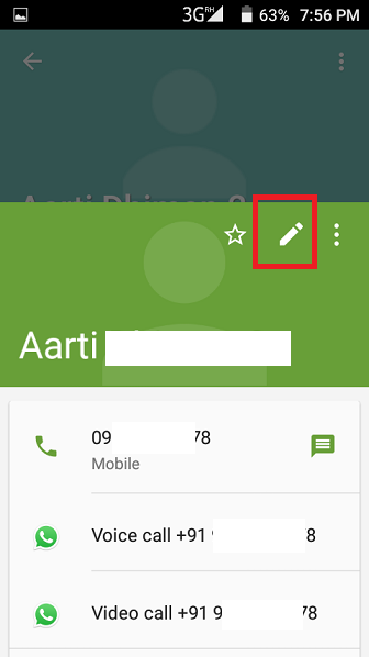 Android contact card opened from WhatsApp, with the Edit pencil icon highlighted