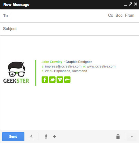 Gmail New Message window with a finished signature showing a logo, contact details and social icons