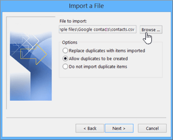 Outlook Import a File dialog with the file to import, the duplicate options and the Browse button