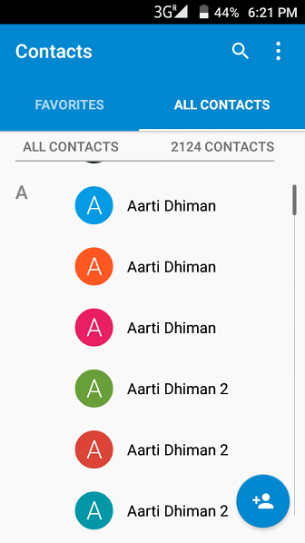 Android Contacts app showing All contacts