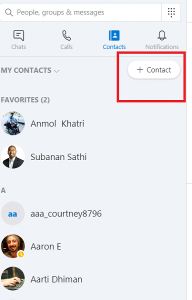 Skype contacts on PC with the + Contact button highlighted