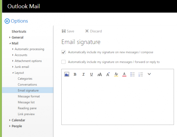 Outlook Mail Options with Email signature selected under Layout and the signature editor
