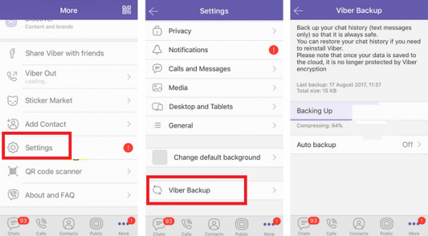 Viber on iPhone: More with Settings highlighted, Settings with Viber Backup highlighted, then the backup in progress
