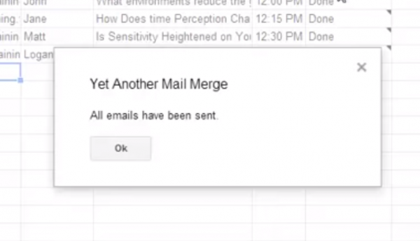 Yet Another Mail Merge message confirming that all emails have been sent