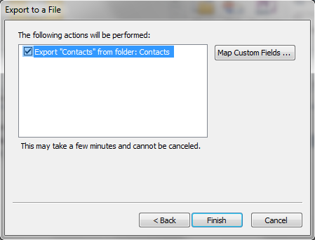 Outlook Export to a File summary to export Contacts, with the Finish button