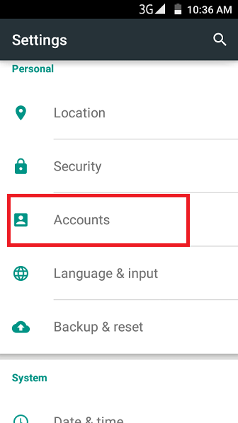 Android Settings with Accounts highlighted