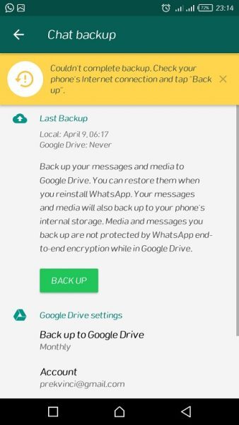 WhatsApp Chat backup screen on Android with the Back up button and Google Drive settings