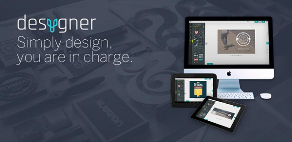 Desygner banner with the line Simply design, you are in charge, on a desktop, a tablet and a laptop
