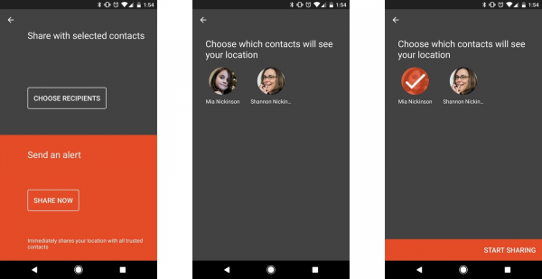 Trusted Contacts location alert: Choose Recipients, pick contacts, then Start Sharing