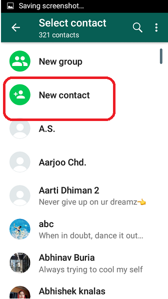 WhatsApp Select contact screen on Android with New contact circled