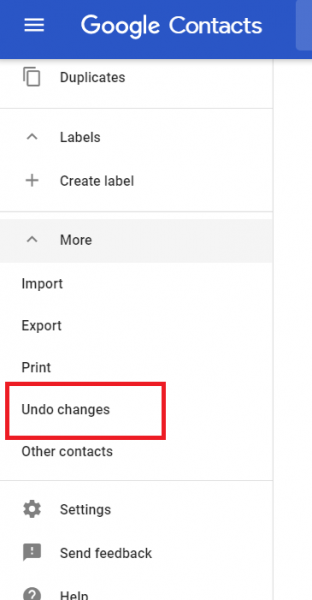 Google Contacts sidebar with More expanded and Undo changes highlighted