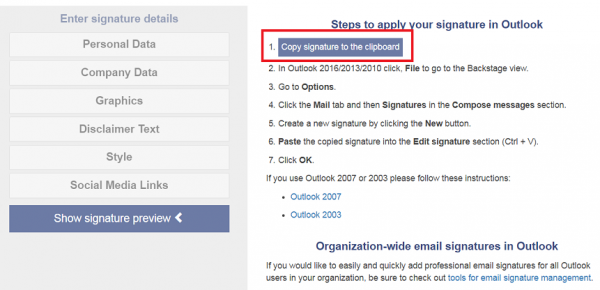 Steps to apply the signature in Outlook, with Copy signature to the clipboard highlighted