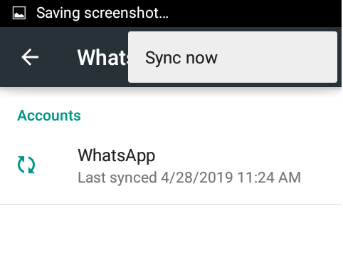 WhatsApp account sync screen on Android with the Sync now option