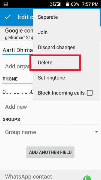 Android Edit contact menu with Delete highlighted