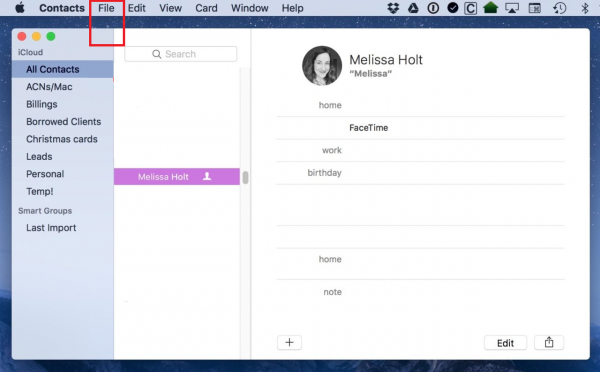 Mac Contacts app with the File menu highlighted