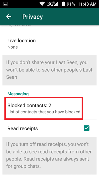 WhatsApp Privacy settings on Android with Blocked contacts highlighted under Messaging
