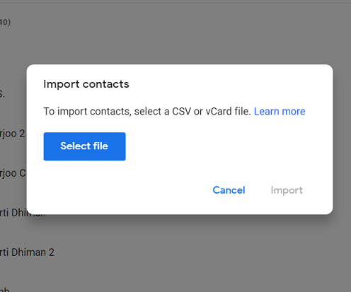 Google Contacts Import contacts dialog with the Select file button for a CSV or vCard file