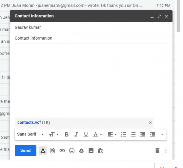 Gmail message being composed with a contacts.vcf vCard file attached