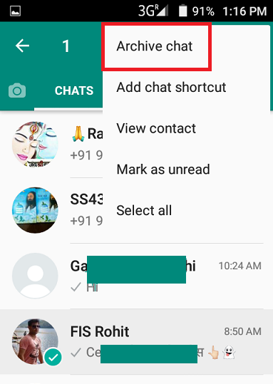 WhatsApp menu on Android with Archive chat highlighted