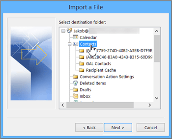 Outlook Import a File dialog with the Contacts folder chosen as the destination