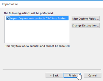 Outlook Import a File summary to import the CSV file, with the Finish button