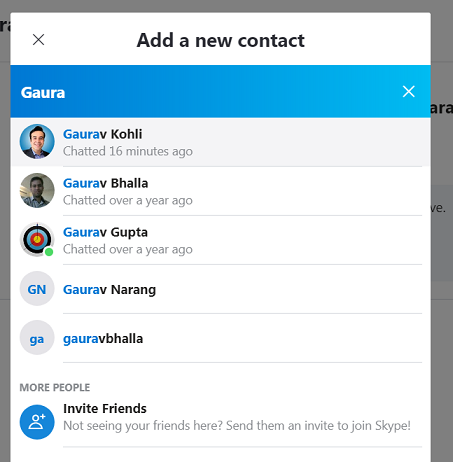 Skype Add a new contact search on PC listing matching people