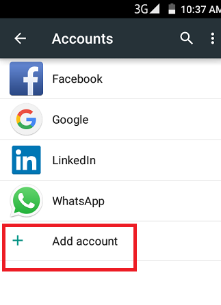 Android Accounts list with Add account highlighted
