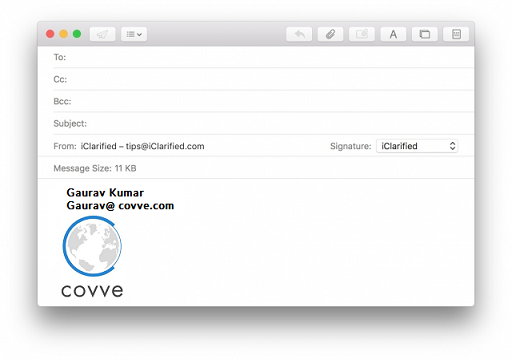 Mac Mail new message with the signature chosen next to the From field, showing the name, email and logo