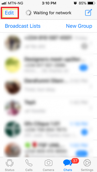 WhatsApp Chats screen on iPhone with the Edit button highlighted