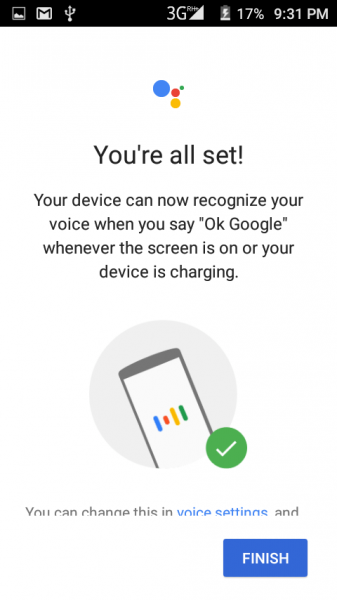 You're all set screen confirming the device recognizes your voice for Ok Google