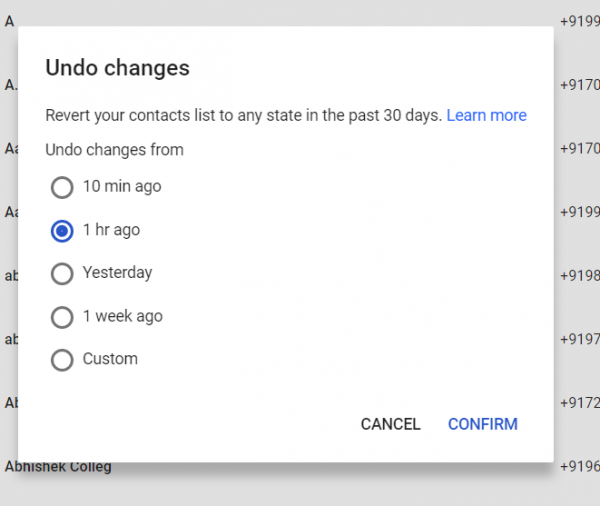 Google Contacts Undo changes dialog with time options from 10 minutes to a week ago, and Confirm