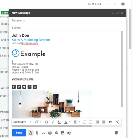 Gmail New Message window with the pasted HTML signature, logo and banner image