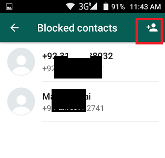 WhatsApp Blocked contacts screen on Android with the add contact icon highlighted