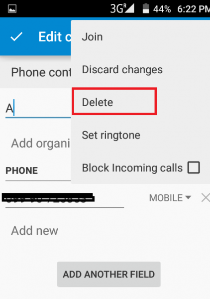 Android Edit contact menu with Delete highlighted