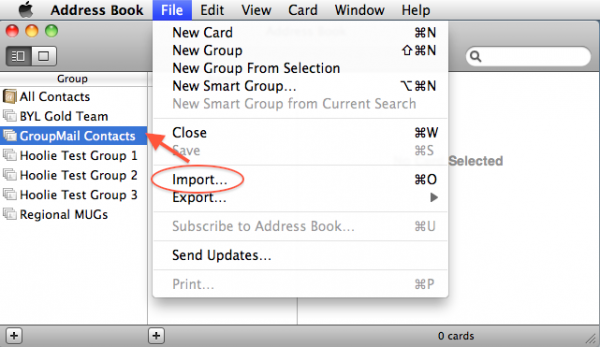 Mac Address Book File menu with Import circled