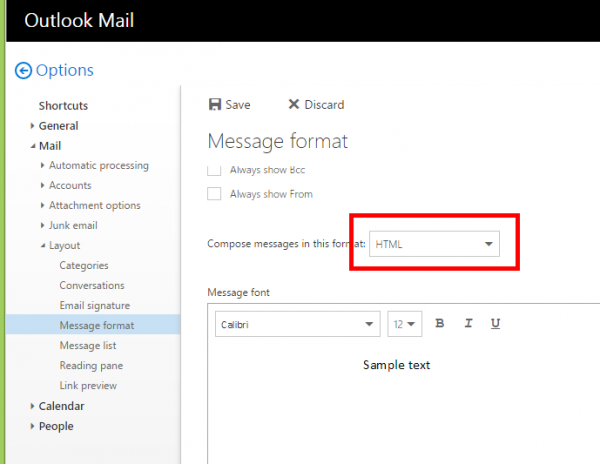 Outlook Mail Message format options with Compose messages in this format set to HTML