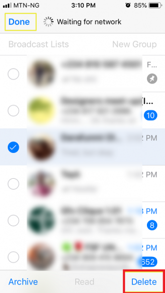 WhatsApp Chats on iPhone in edit mode with a chat selected and the Delete button highlighted