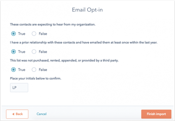 HubSpot Email Opt-in confirmation with True or False answers and the Finish import button