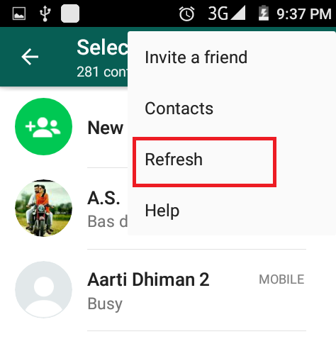 WhatsApp contact list menu on Android with Refresh highlighted