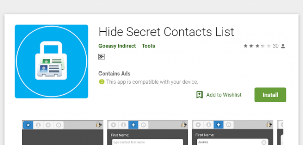 Hide Secret Contacts List app page in Google Play with the Install button